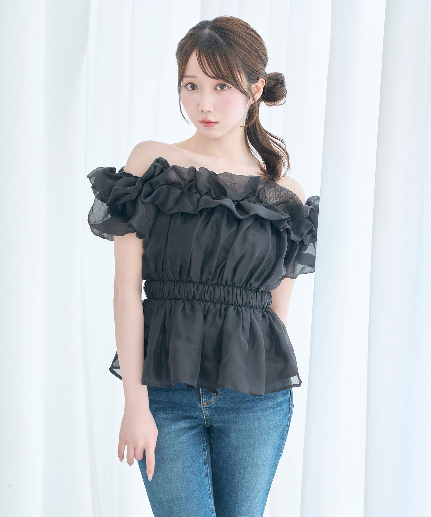 Sheer gather off shoulder tops