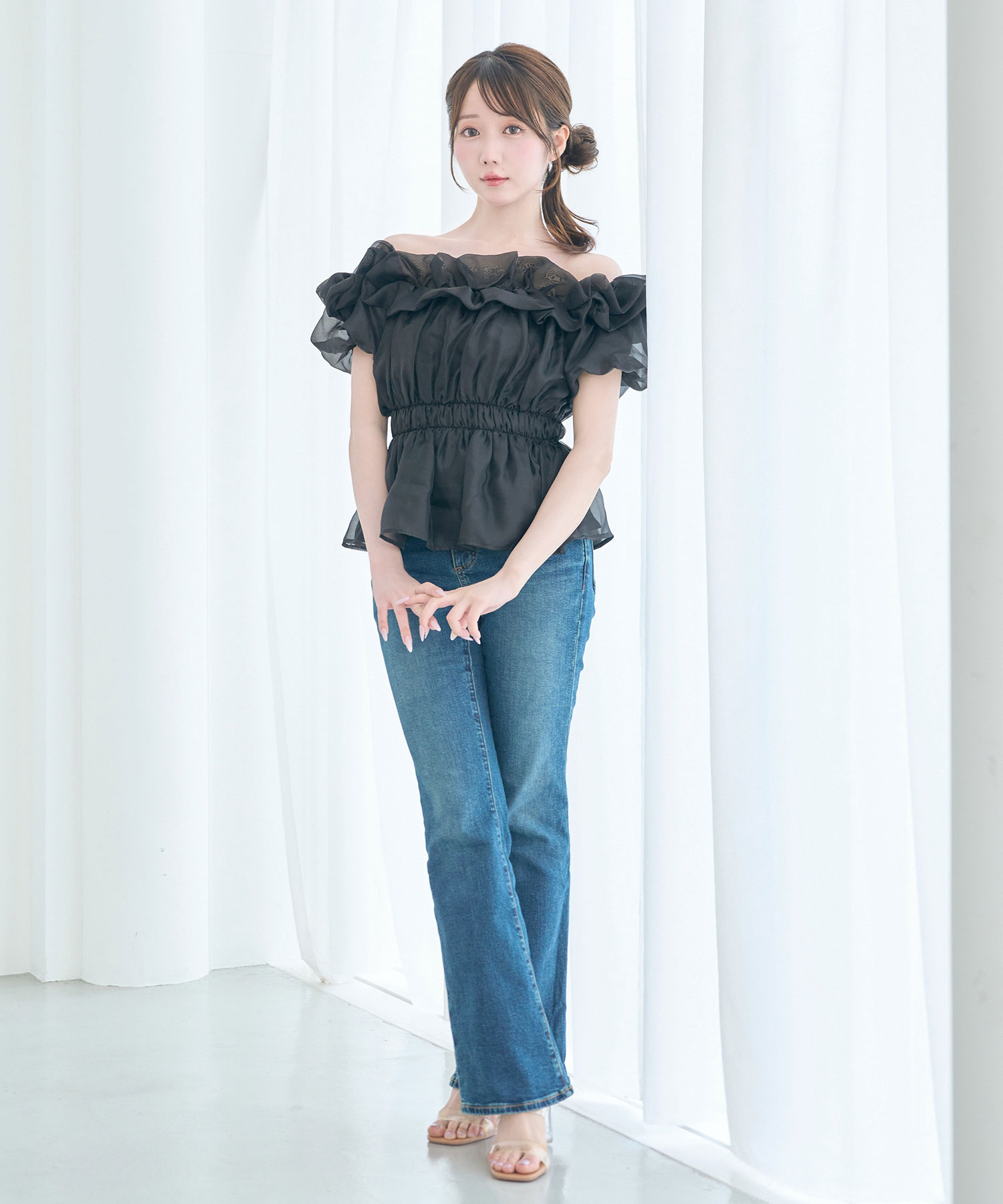 Sheer gather off shoulder tops