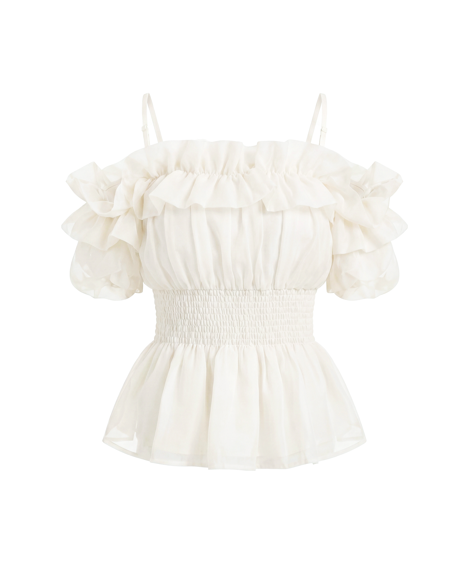 Sheer gather off shoulder tops