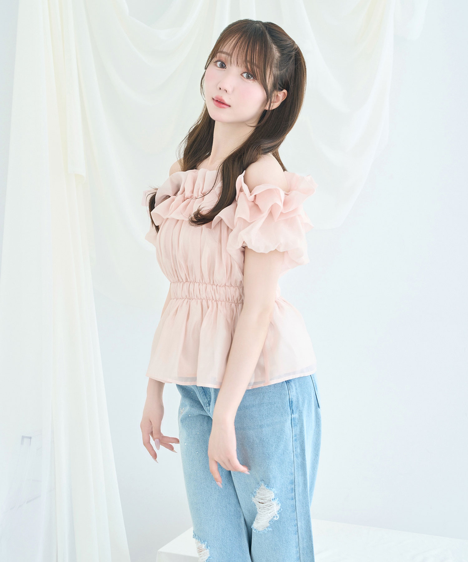 Sheer gather off shoulder tops