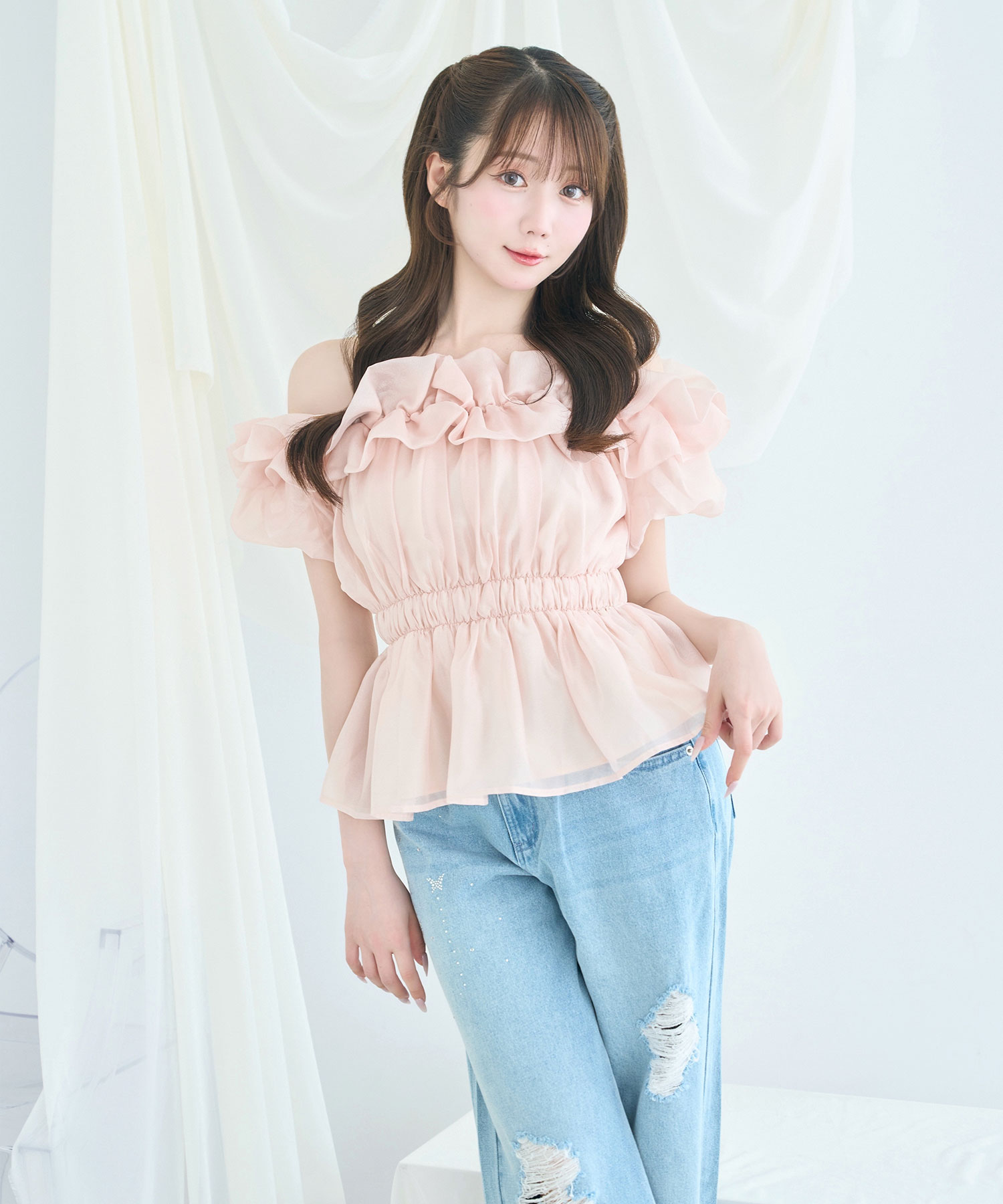 Sheer gather off shoulder tops