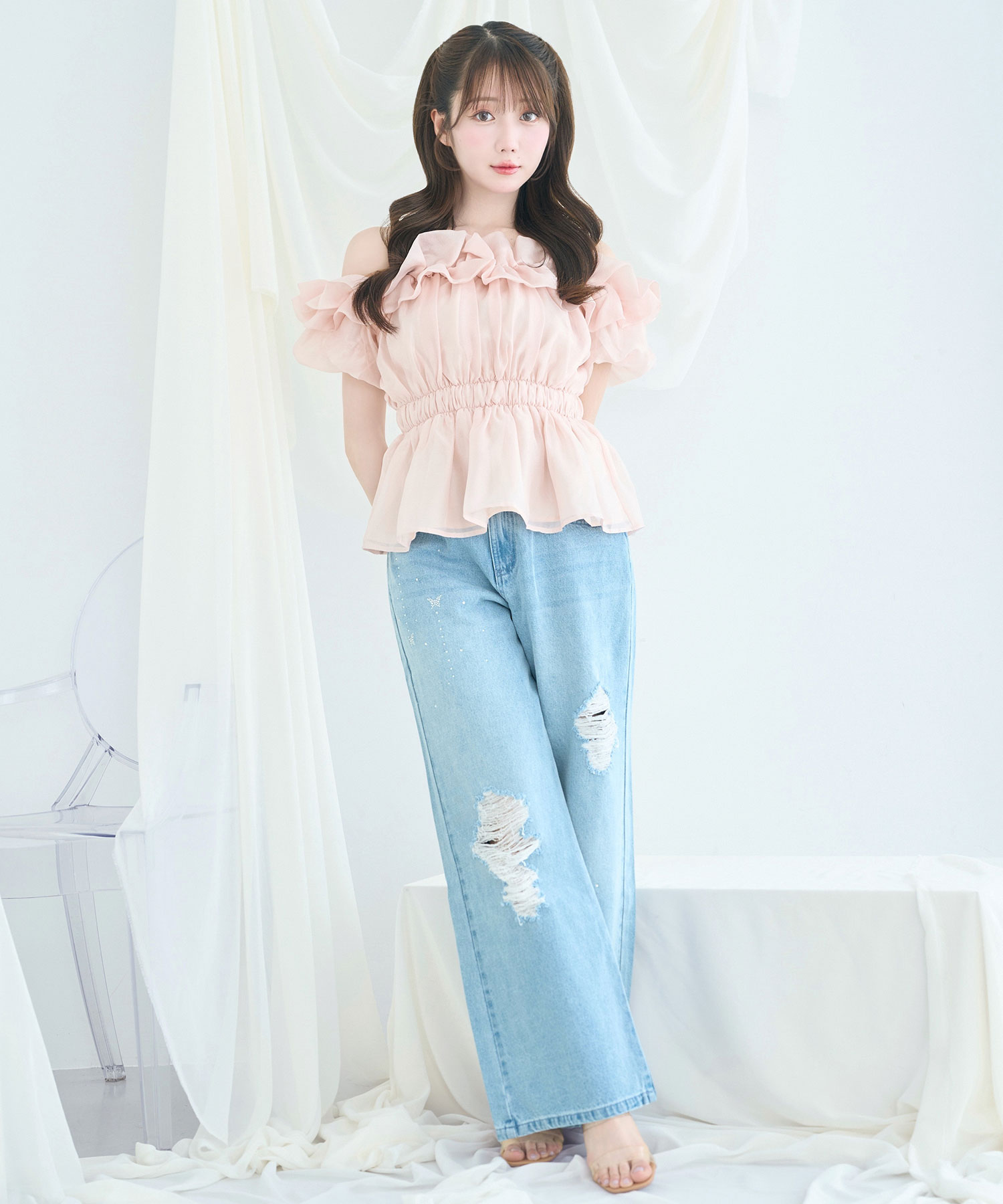 Sheer gather off shoulder tops