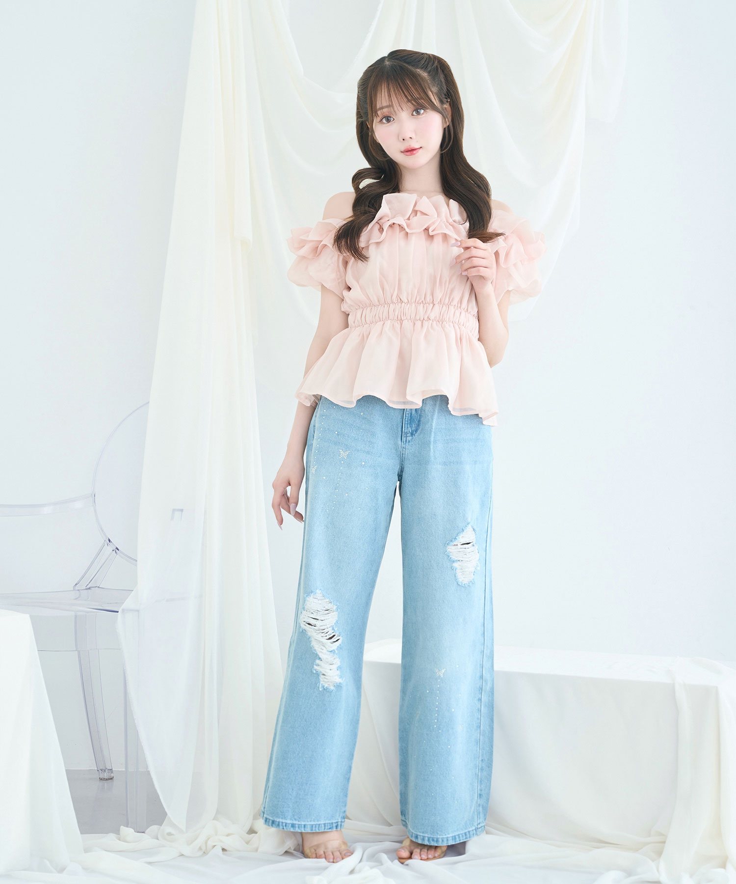 Sheer gather off shoulder tops