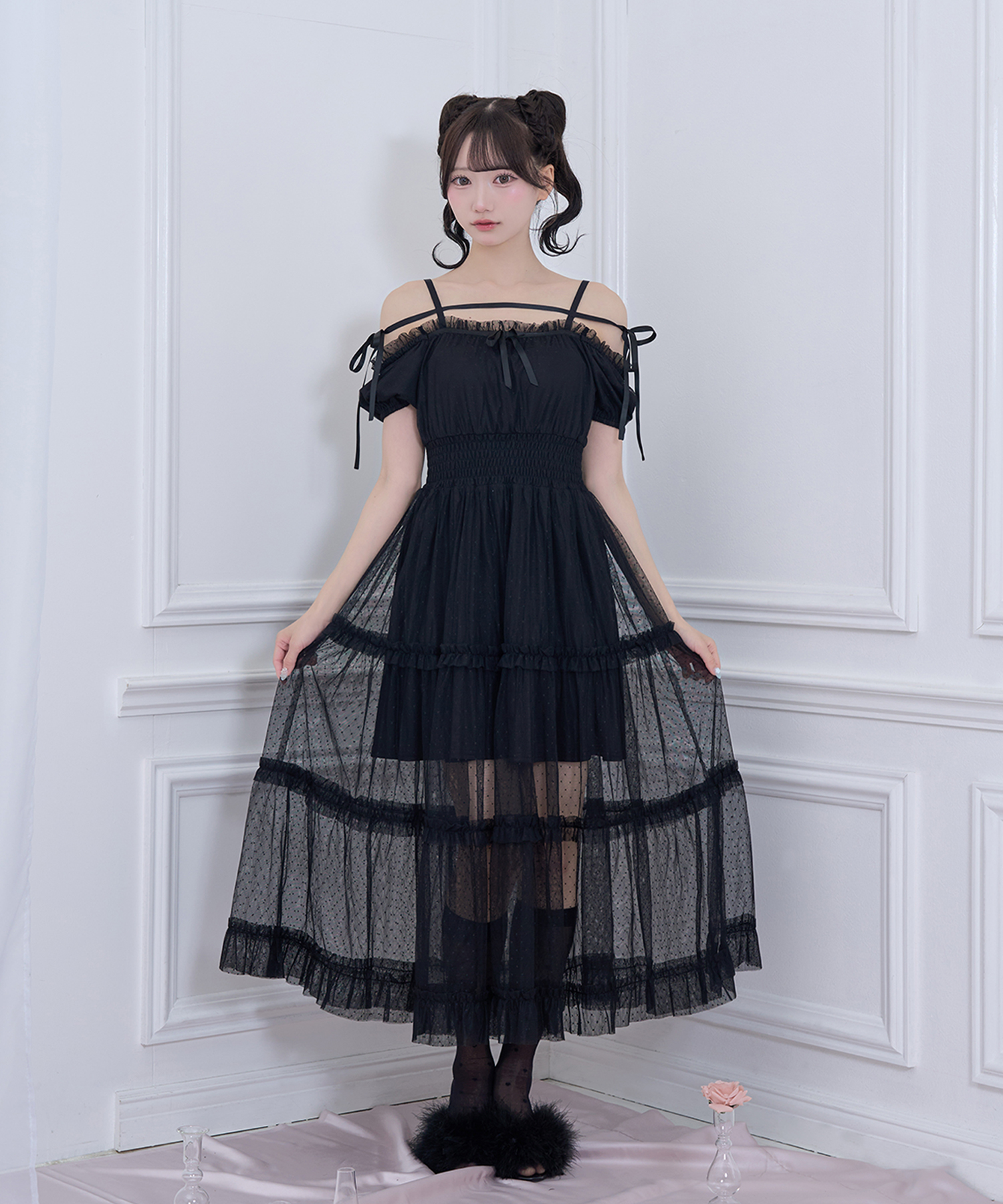 ドットチュールオフショルワンピース