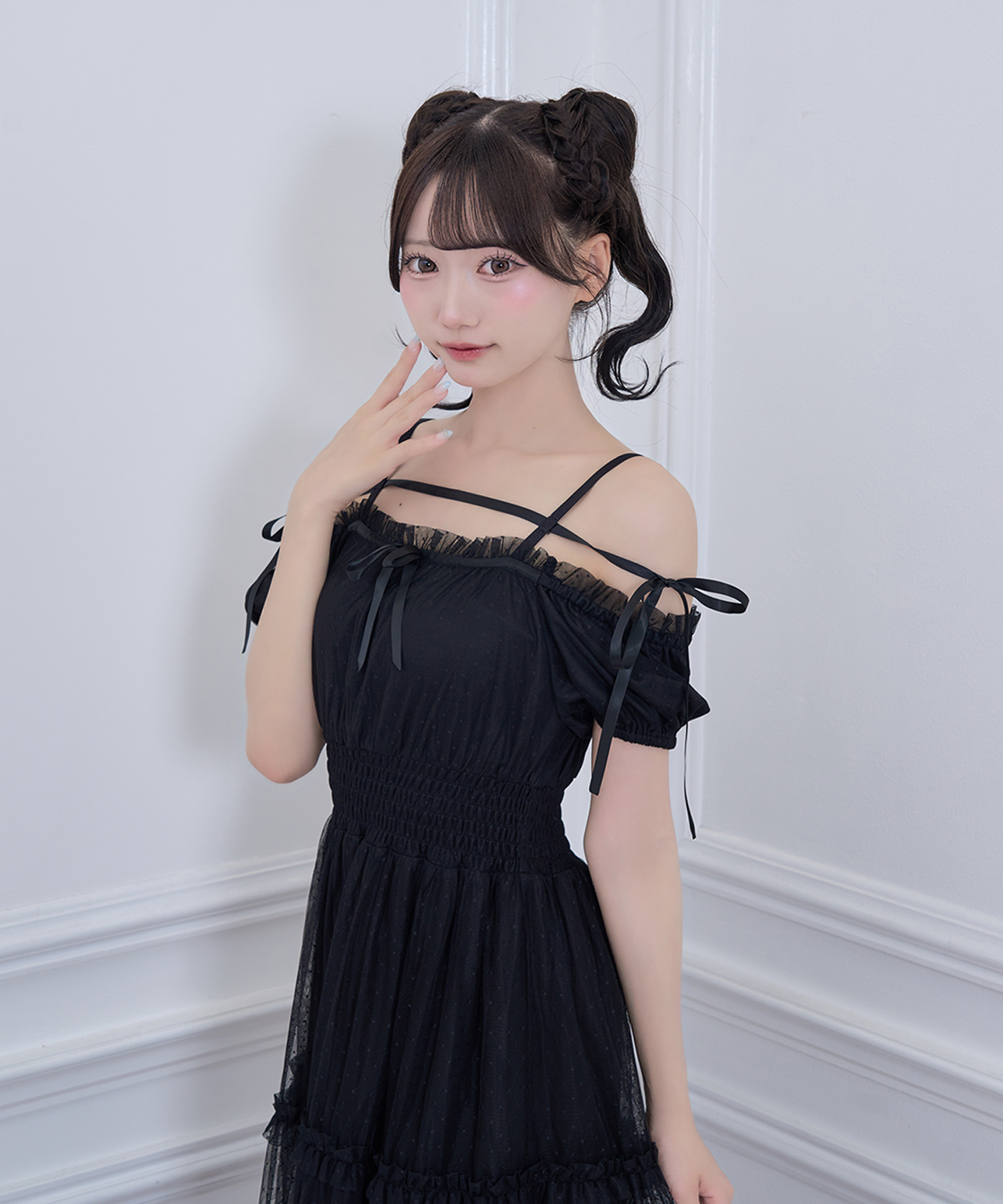ドットチュールオフショルワンピース