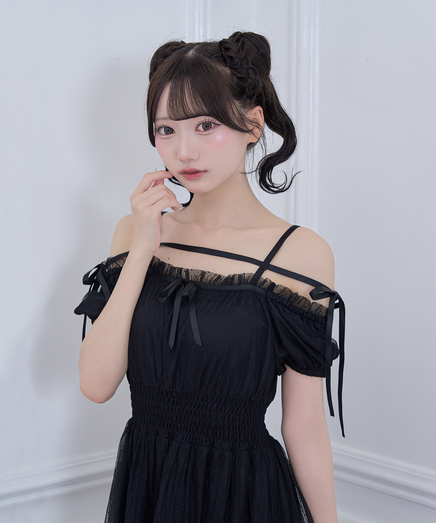 ドットチュールオフショルワンピース