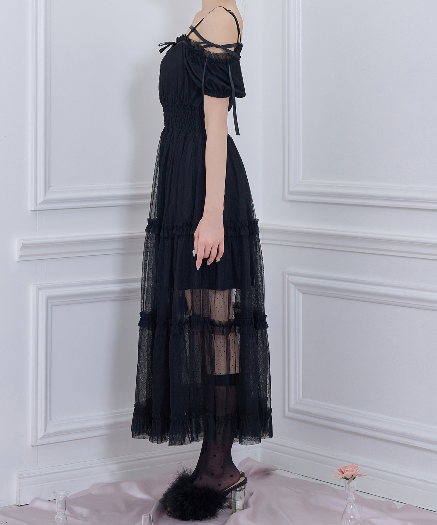 ドットチュールオフショルワンピース