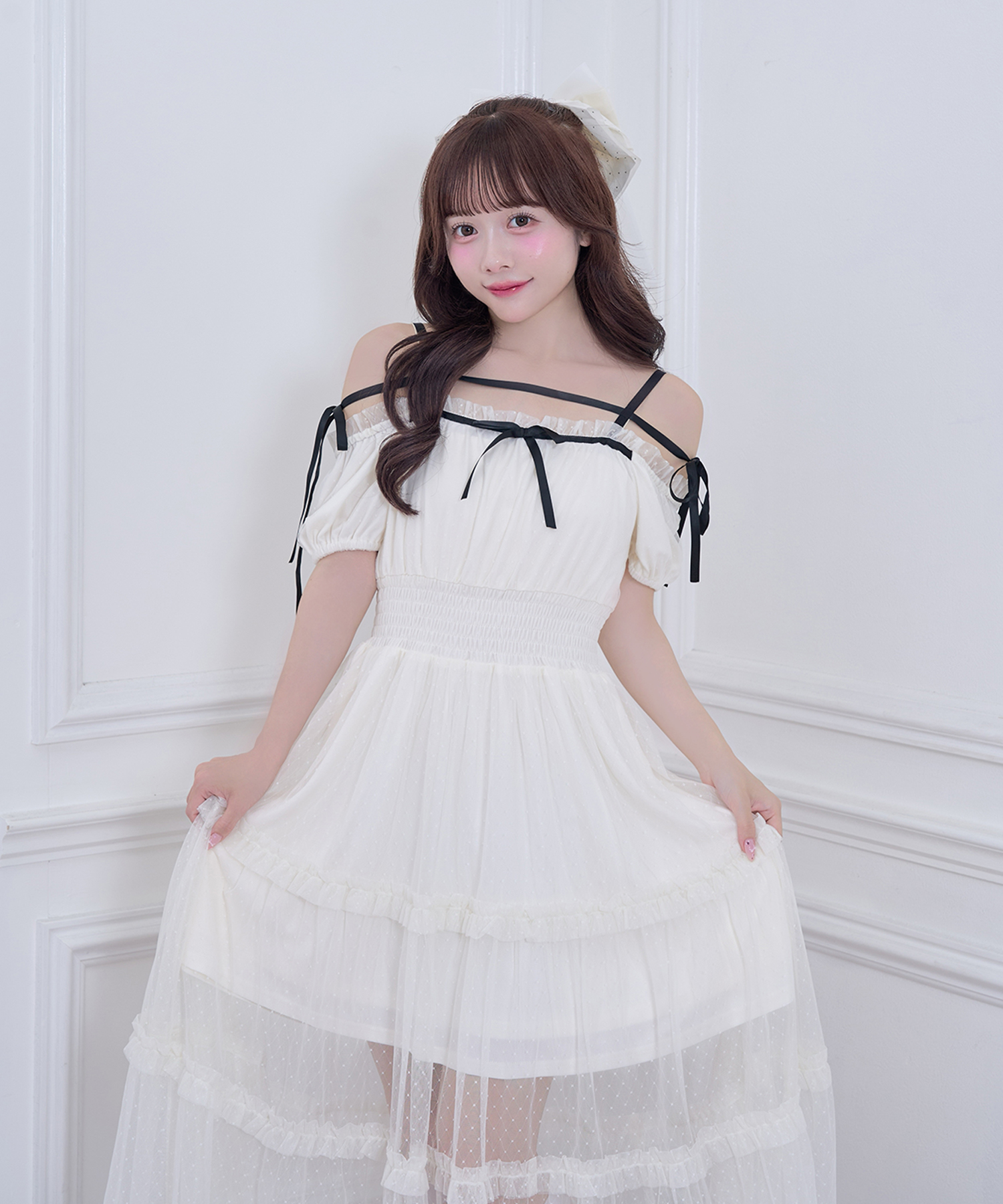 ドットチュールオフショルワンピース