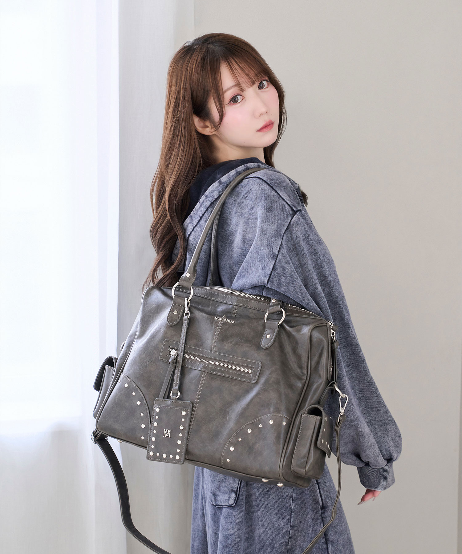 Wash fake leather 2way tote