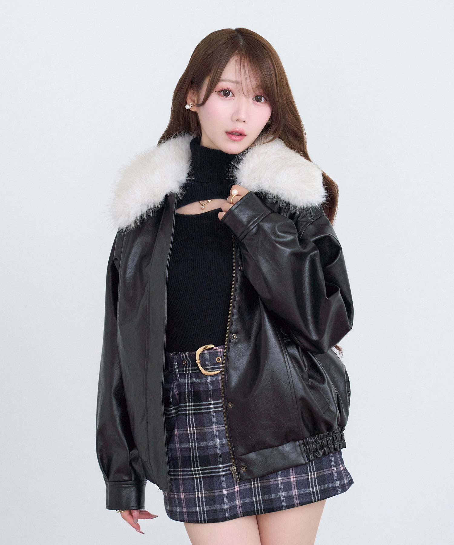 Fur collar fake leather blouson