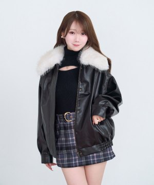 Fur collar fake leather blouson