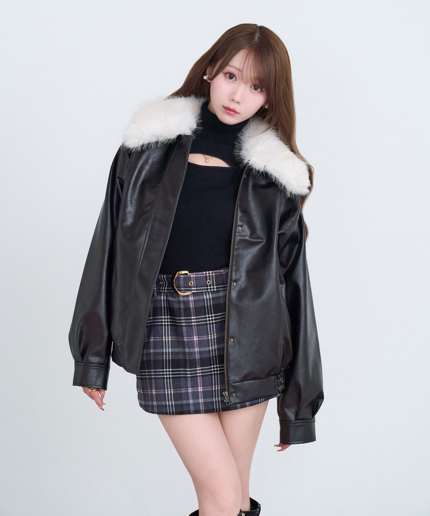 Fur collar fake leather blouson