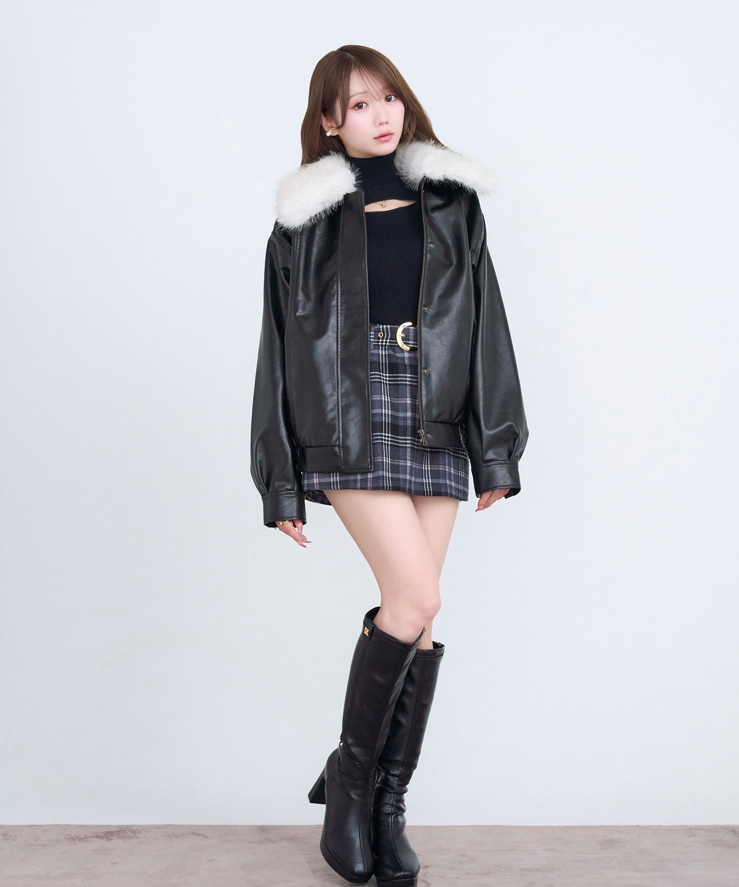 Fur collar fake leather blouson