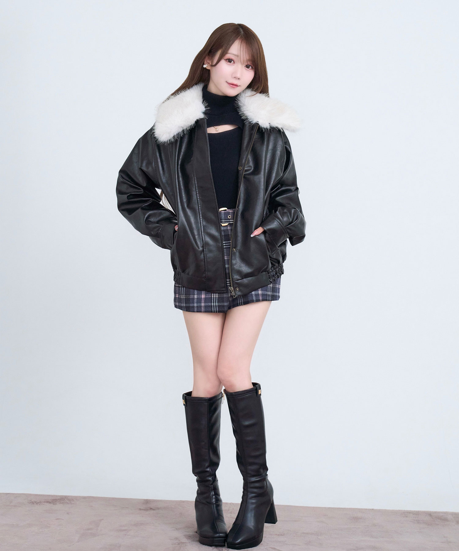 Fur collar fake leather blouson