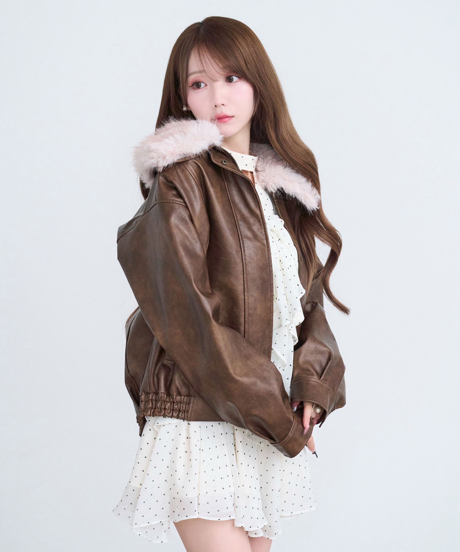 Fur collar fake leather blouson