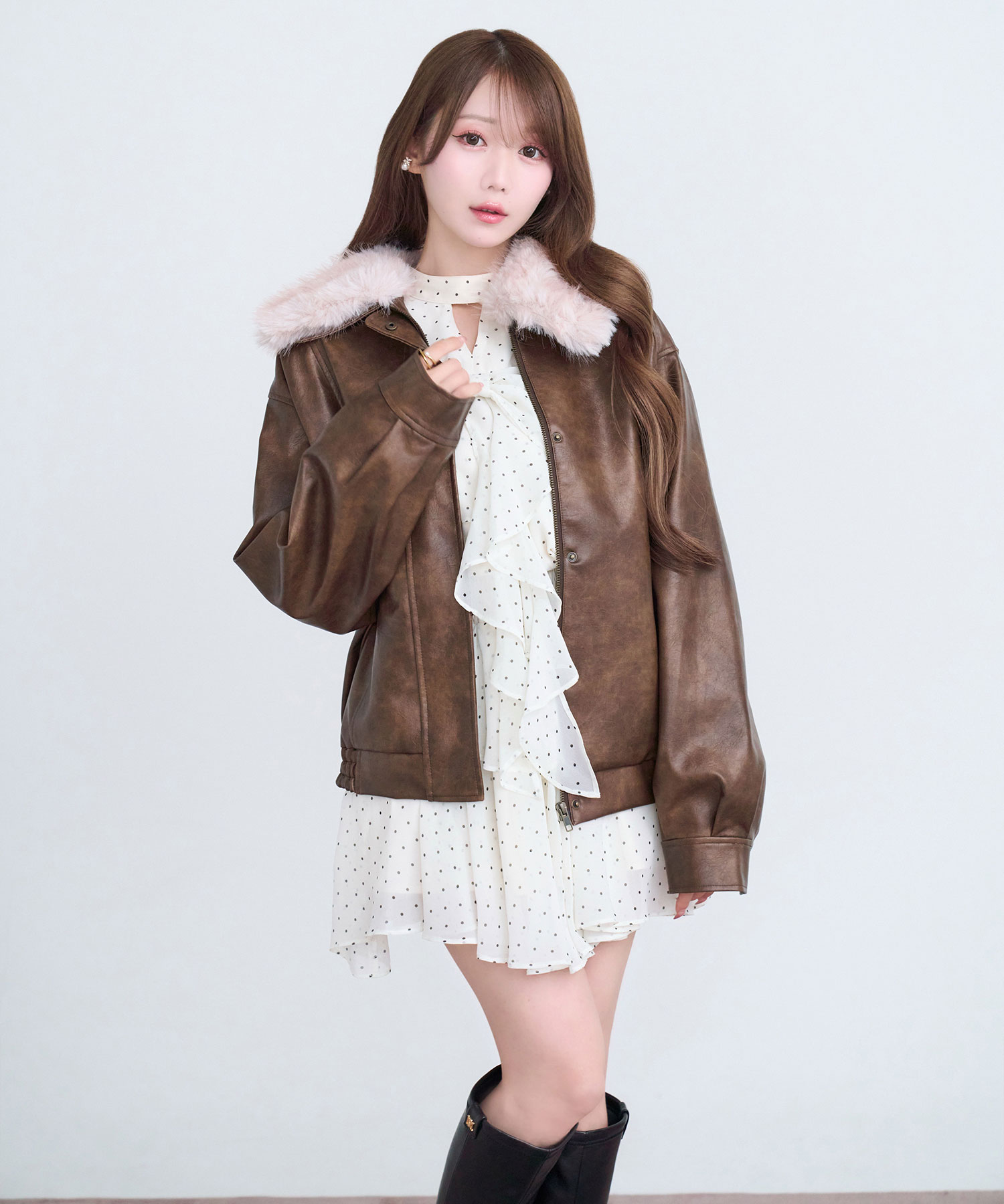 Fur collar fake leather blouson
