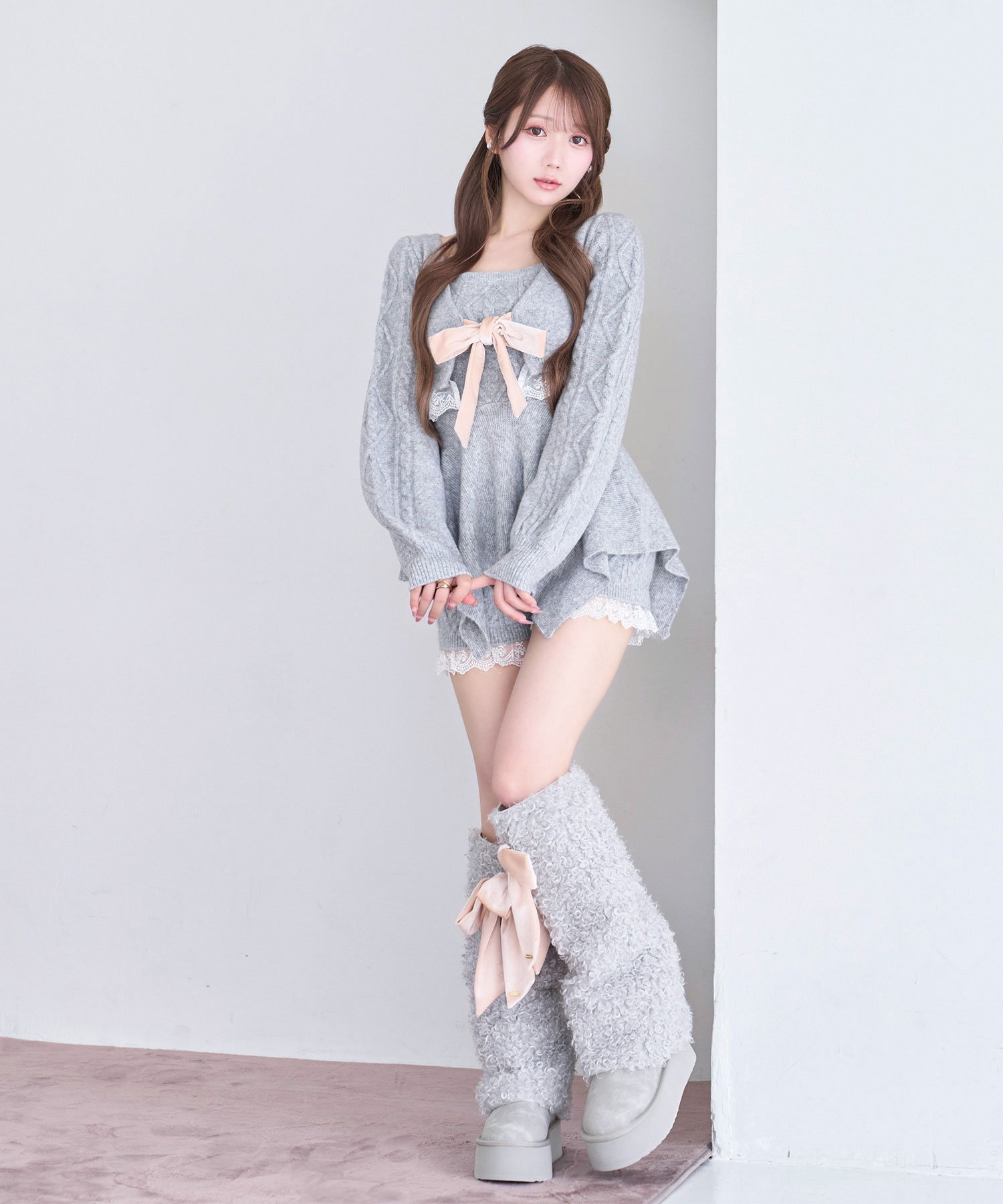 Irregular hem 3P knit set