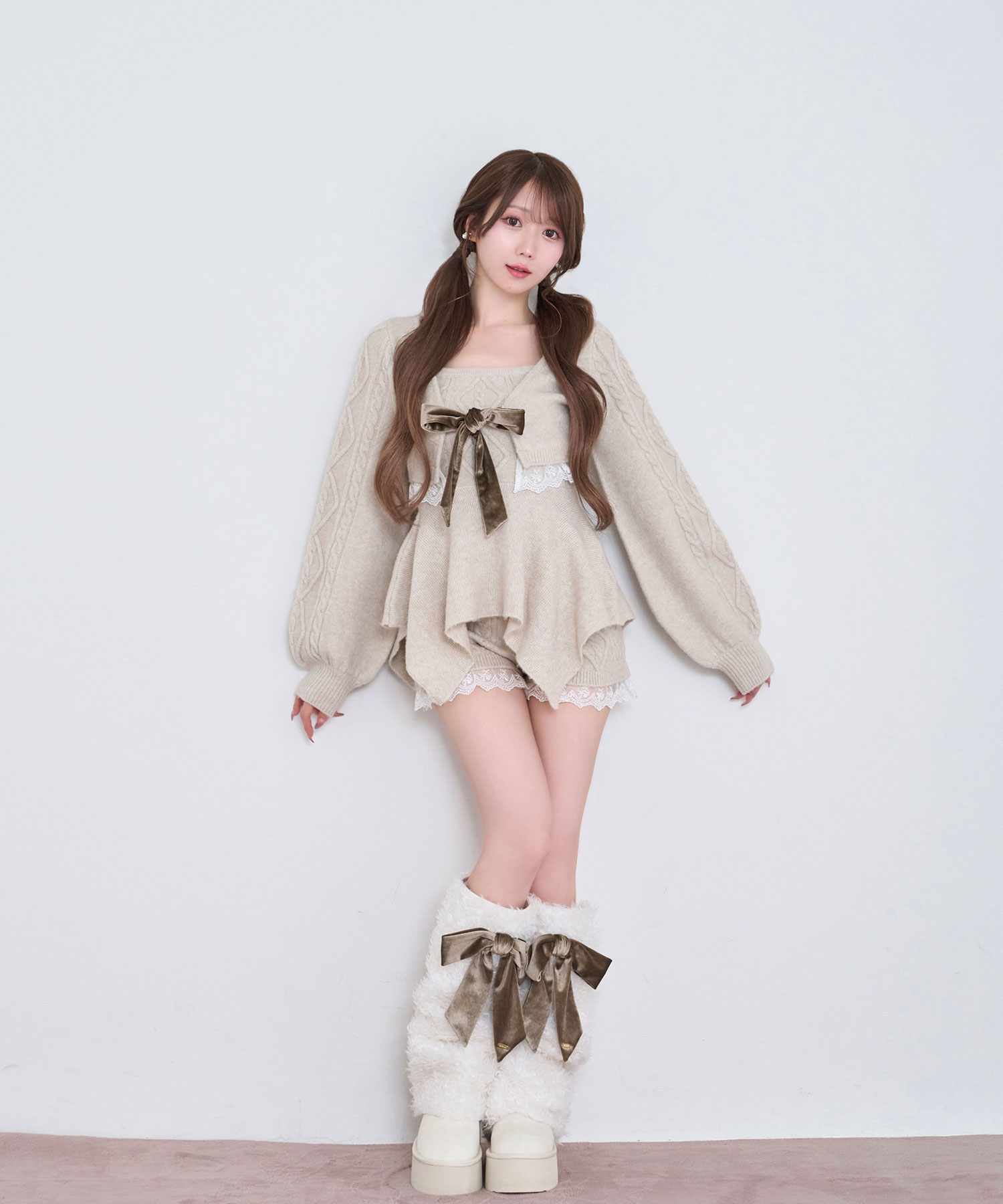 Irregular hem 3P knit set