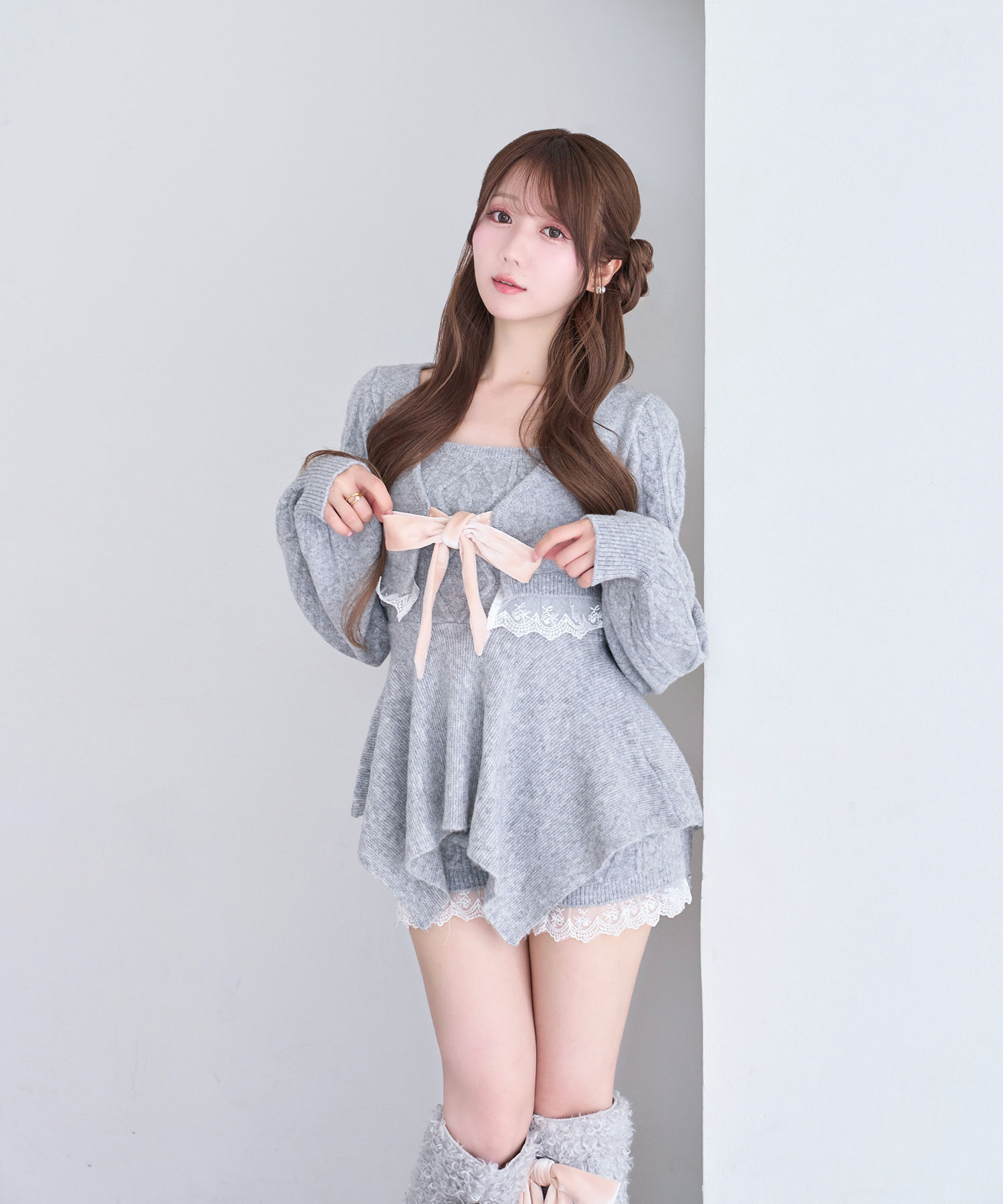 Irregular hem 3P knit set