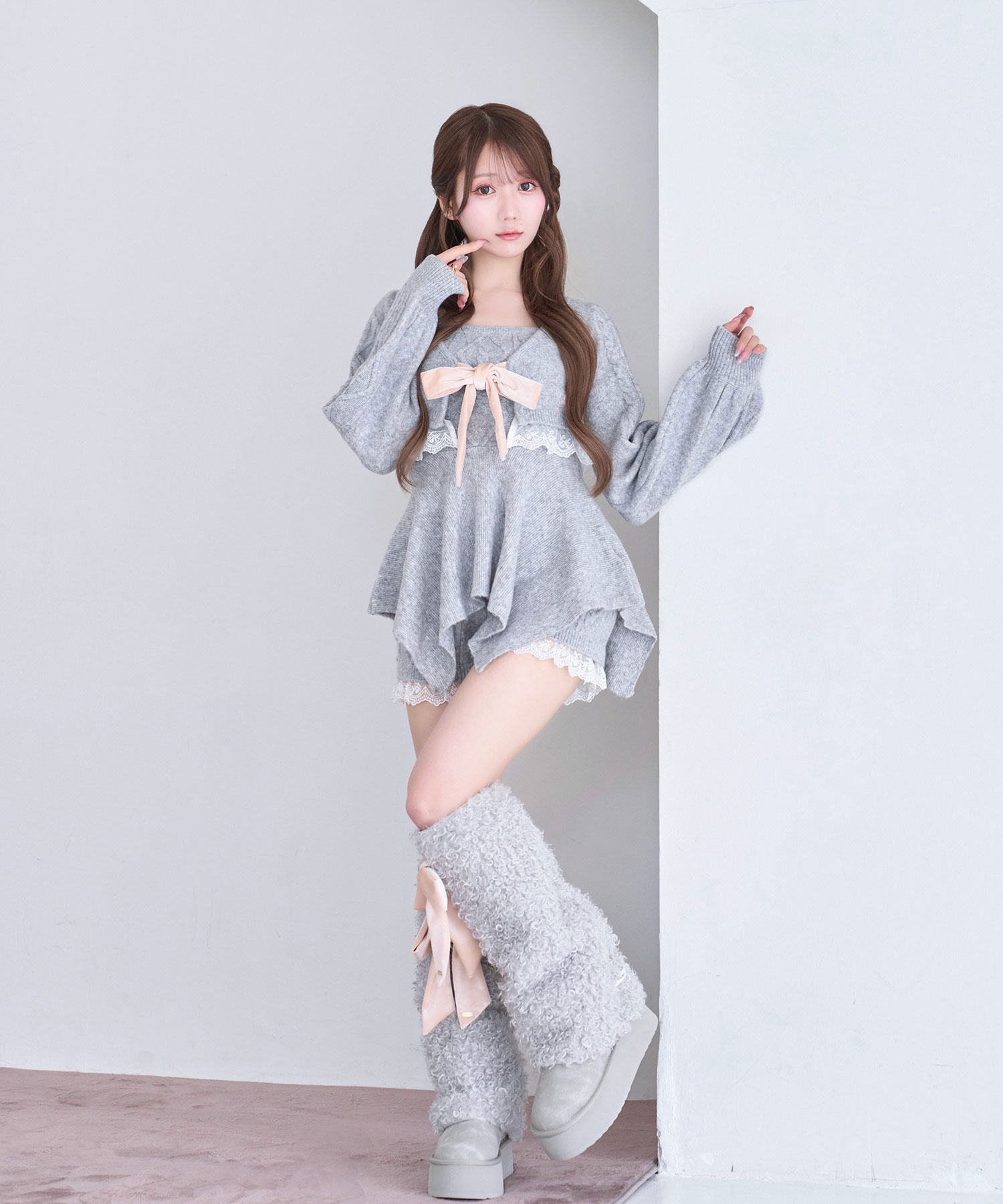Irregular hem 3P knit set