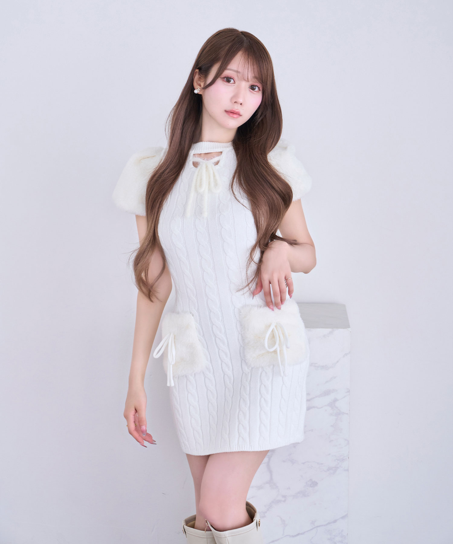 Fur point knit mini onepiece
