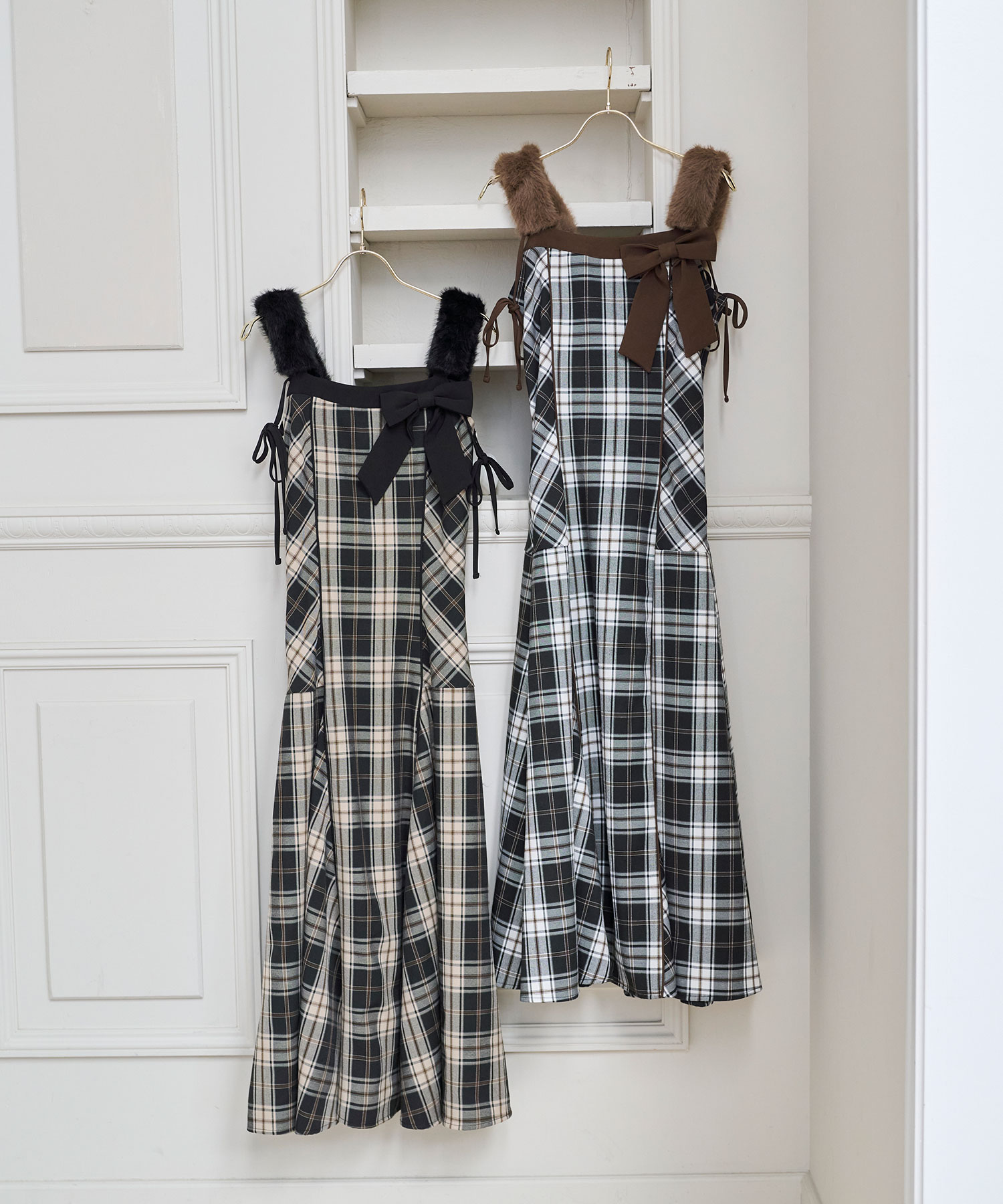 Fur strap check cami dress