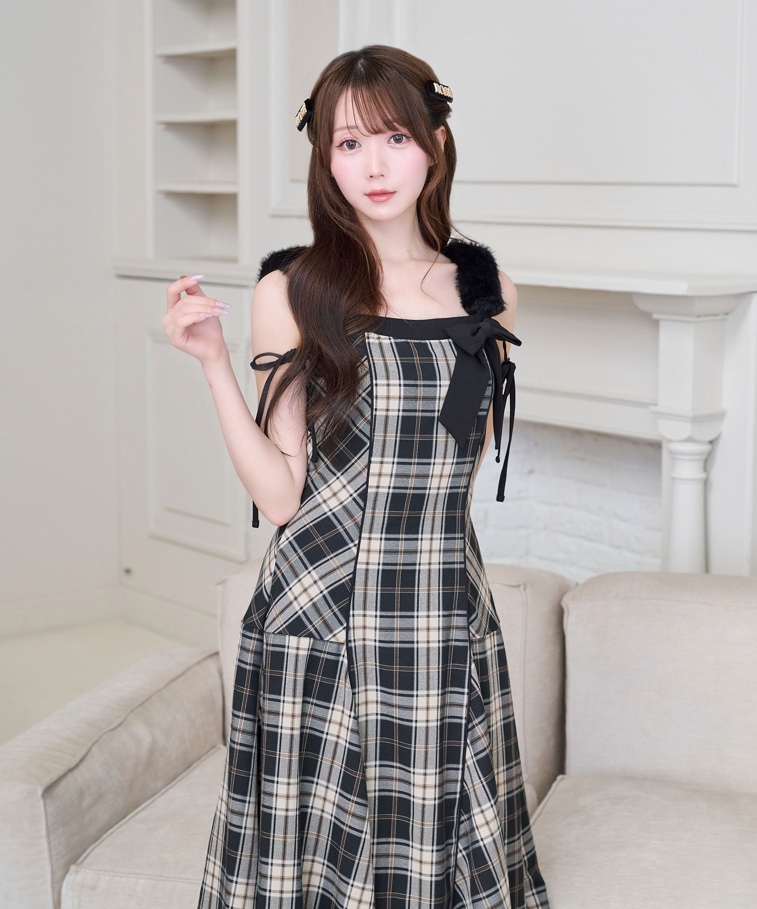 Fur strap check cami dress
