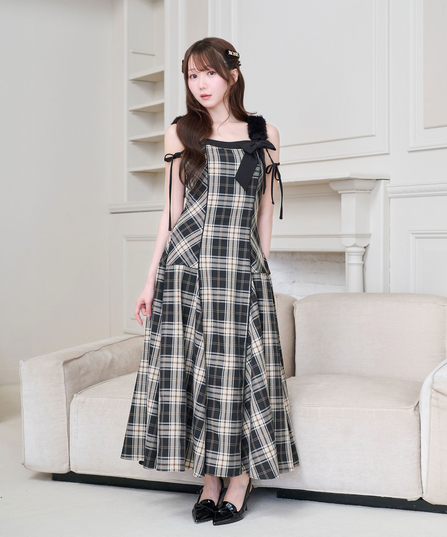 Fur strap check cami dress