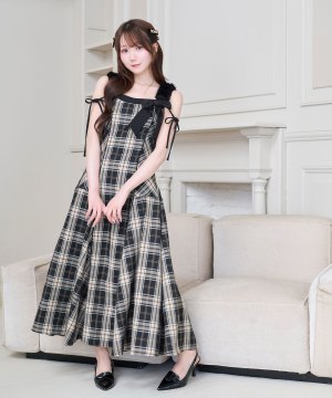 Fur strap check cami dress