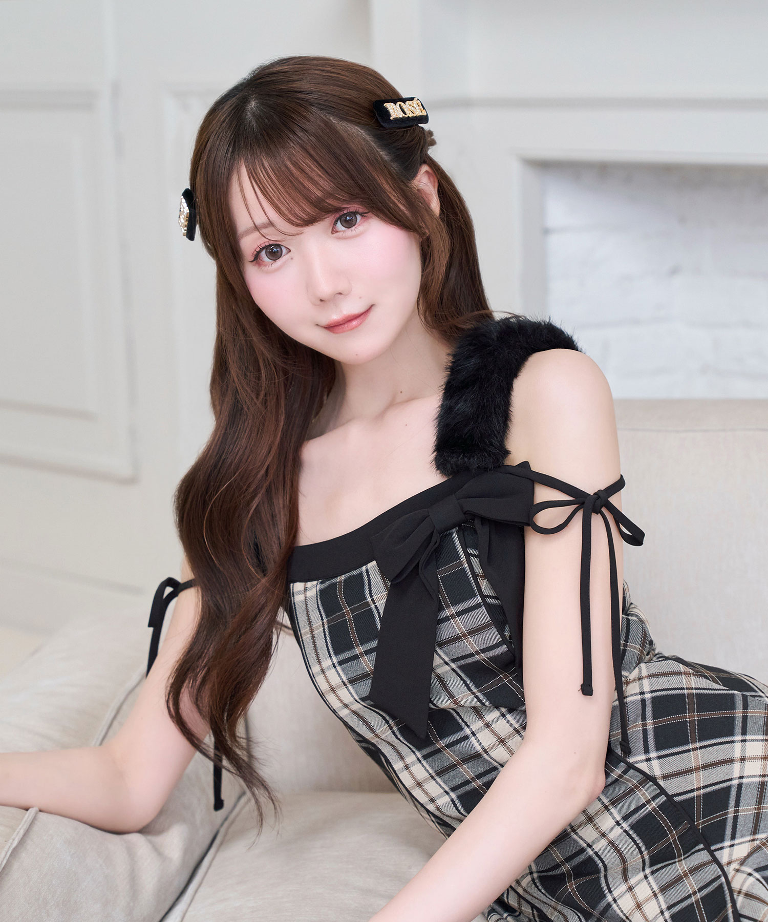 Fur strap check cami dress