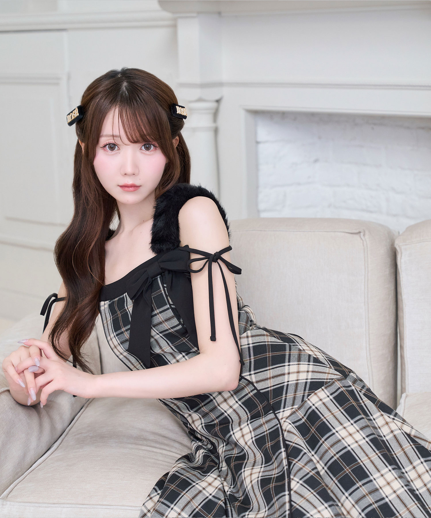 Fur strap check cami dress