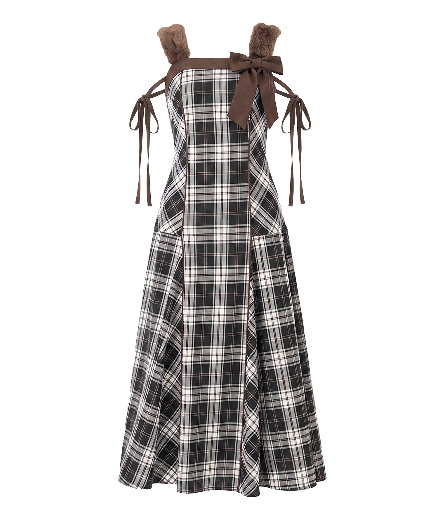 Fur strap check cami dress