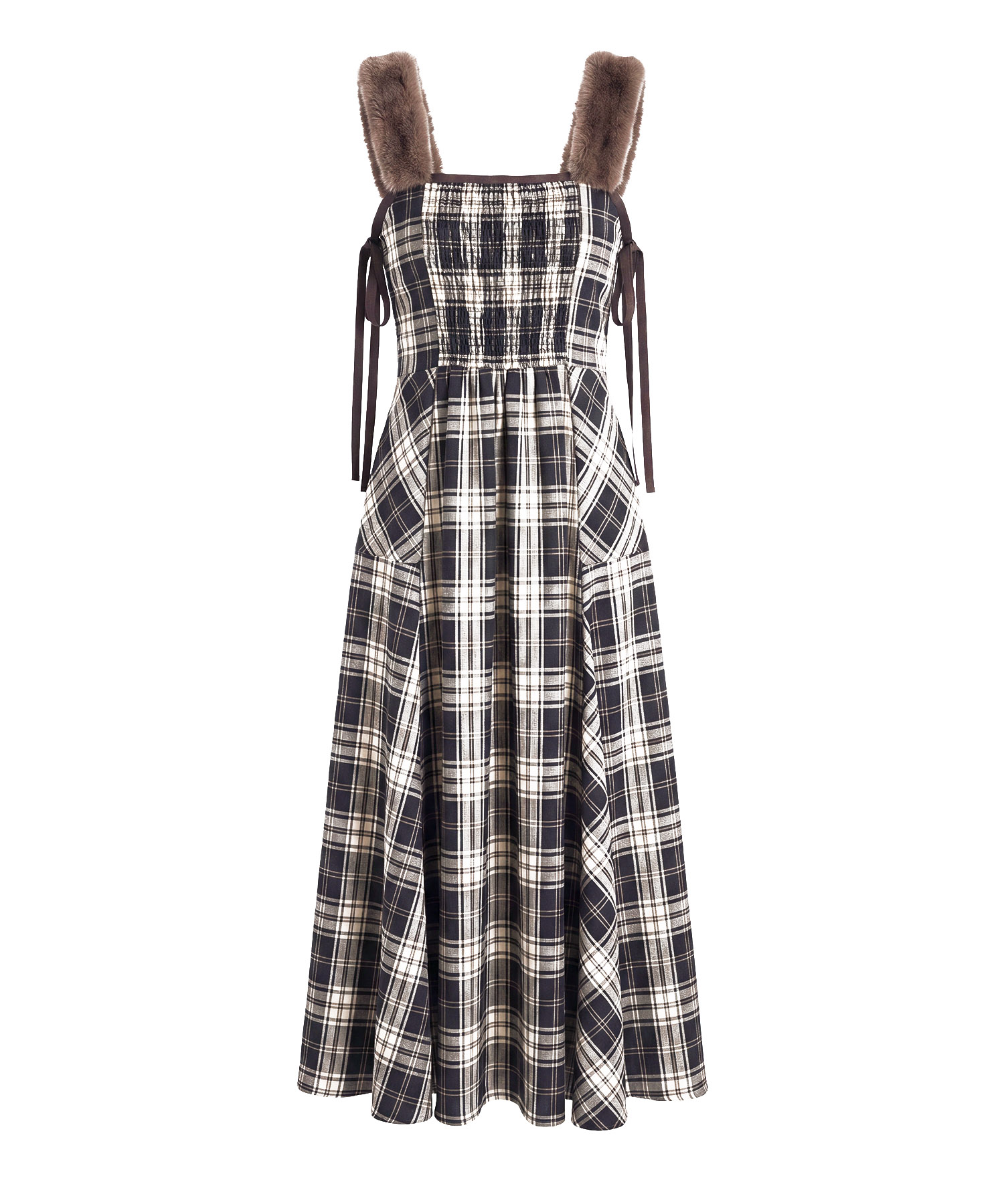 Fur strap check cami dress