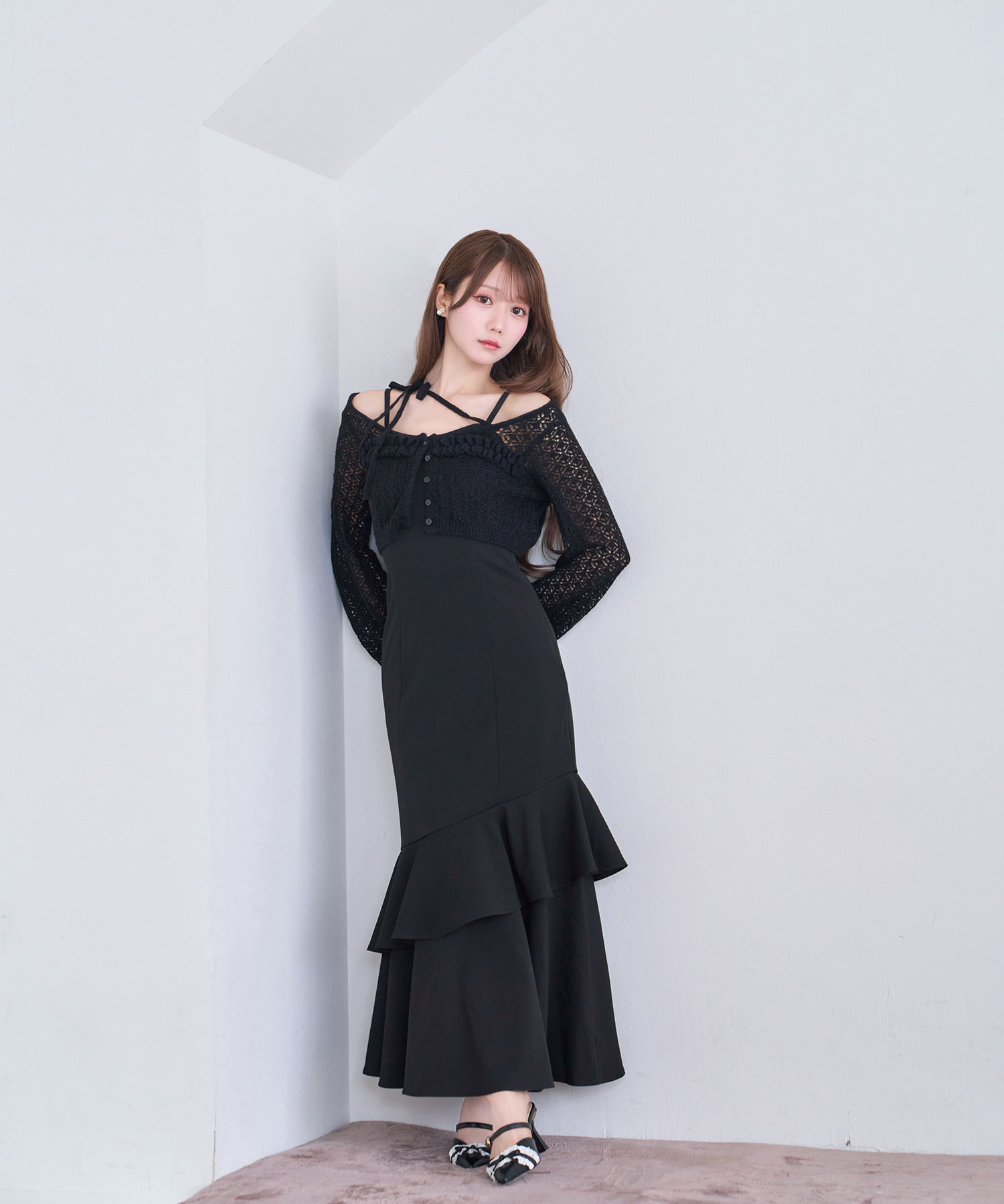 Lace knitting cardigan set cami dress