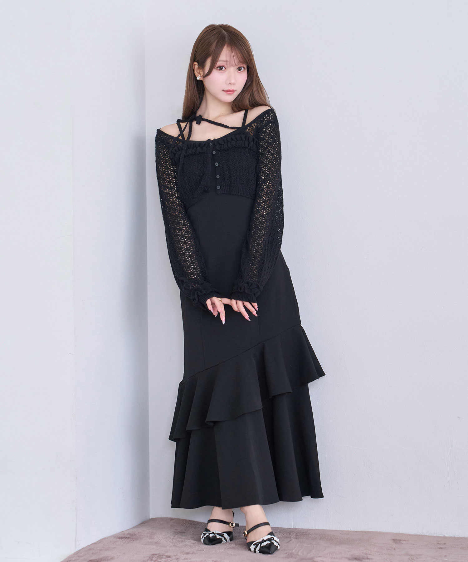 Lace knitting cardigan set cami dress