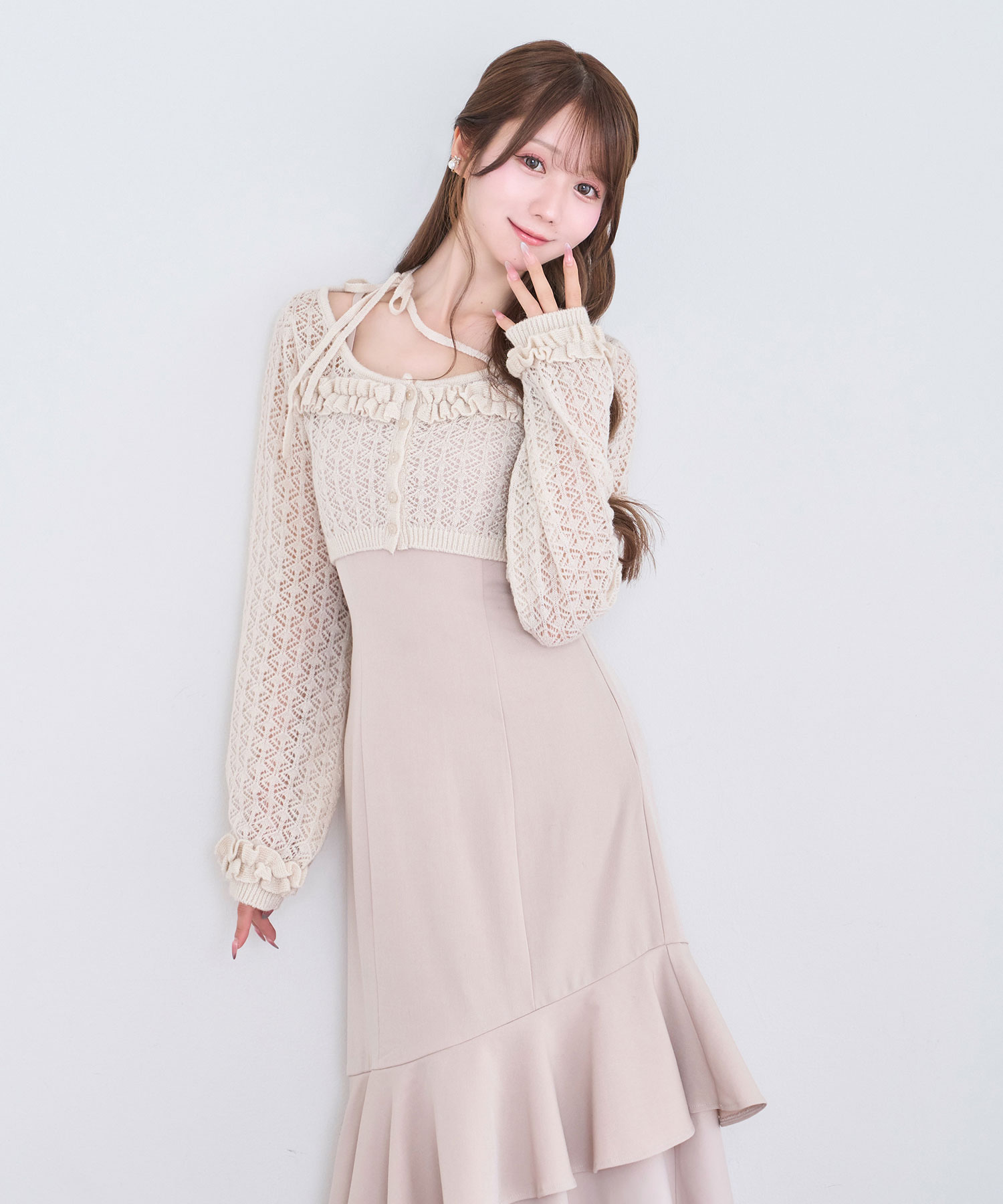 Lace knitting cardigan set cami dress
