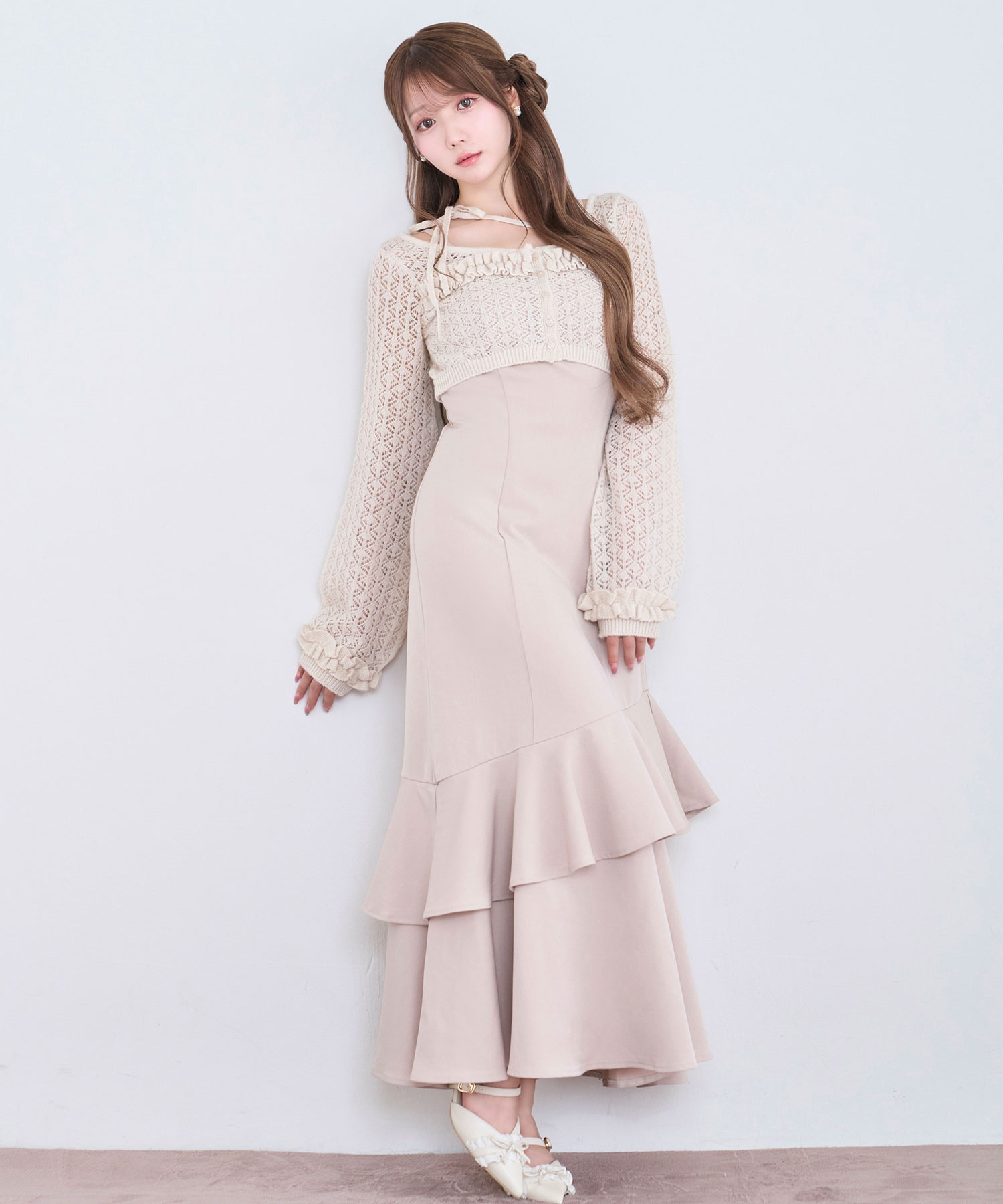 Lace knitting cardigan set cami dress