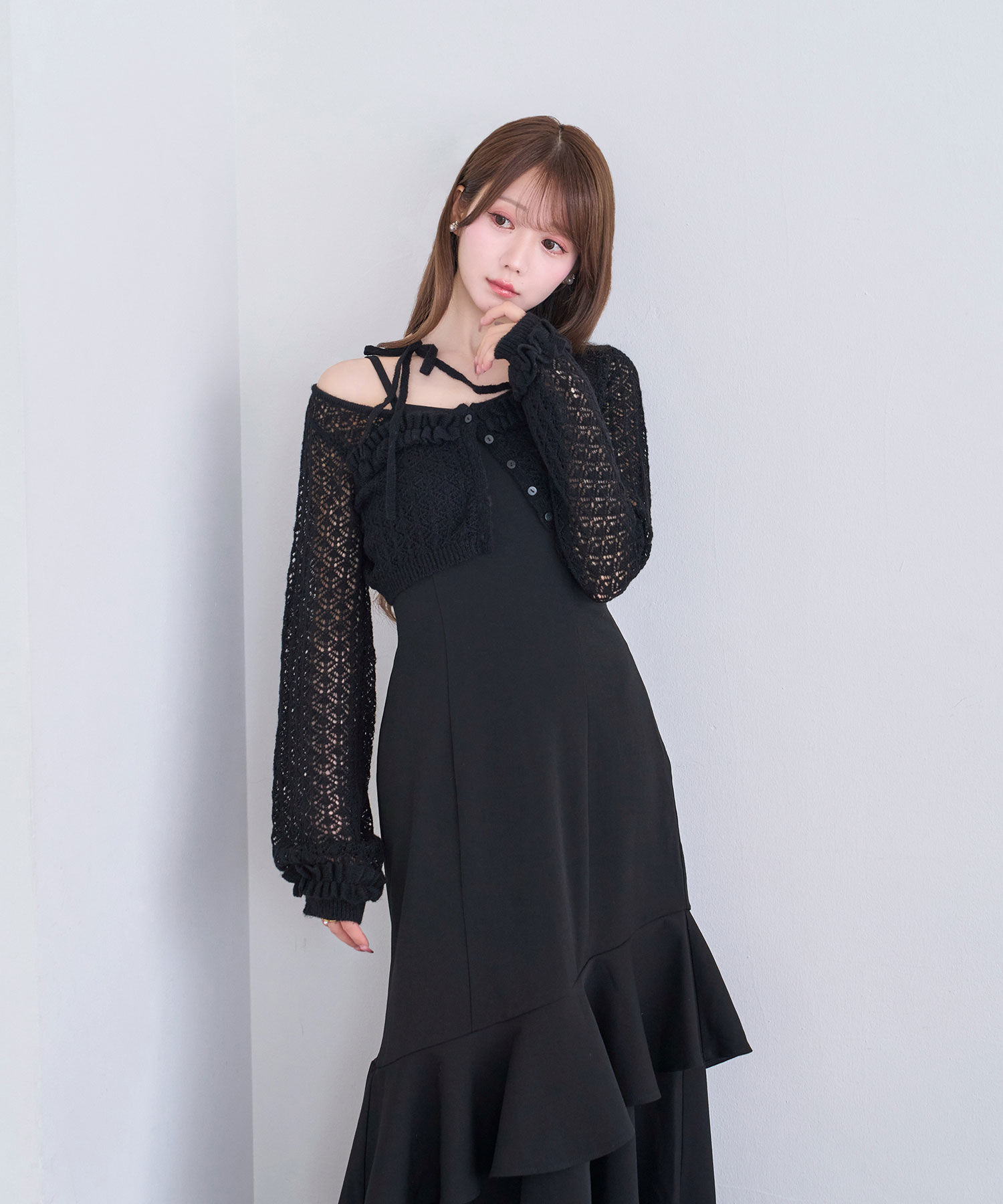 Lace knitting cardigan set cami dress