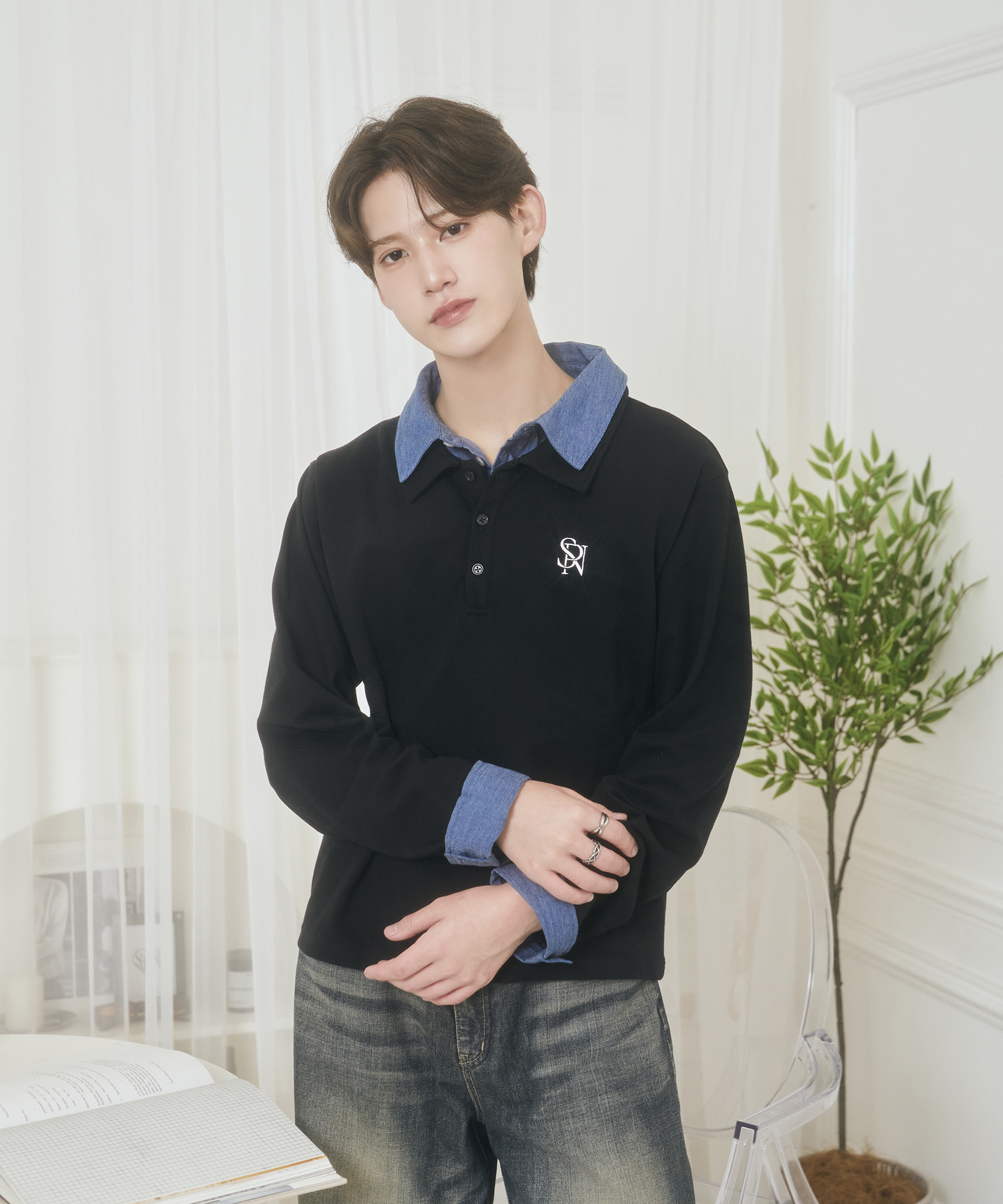 UNISEX Wカラーポロシャツ / ブラック