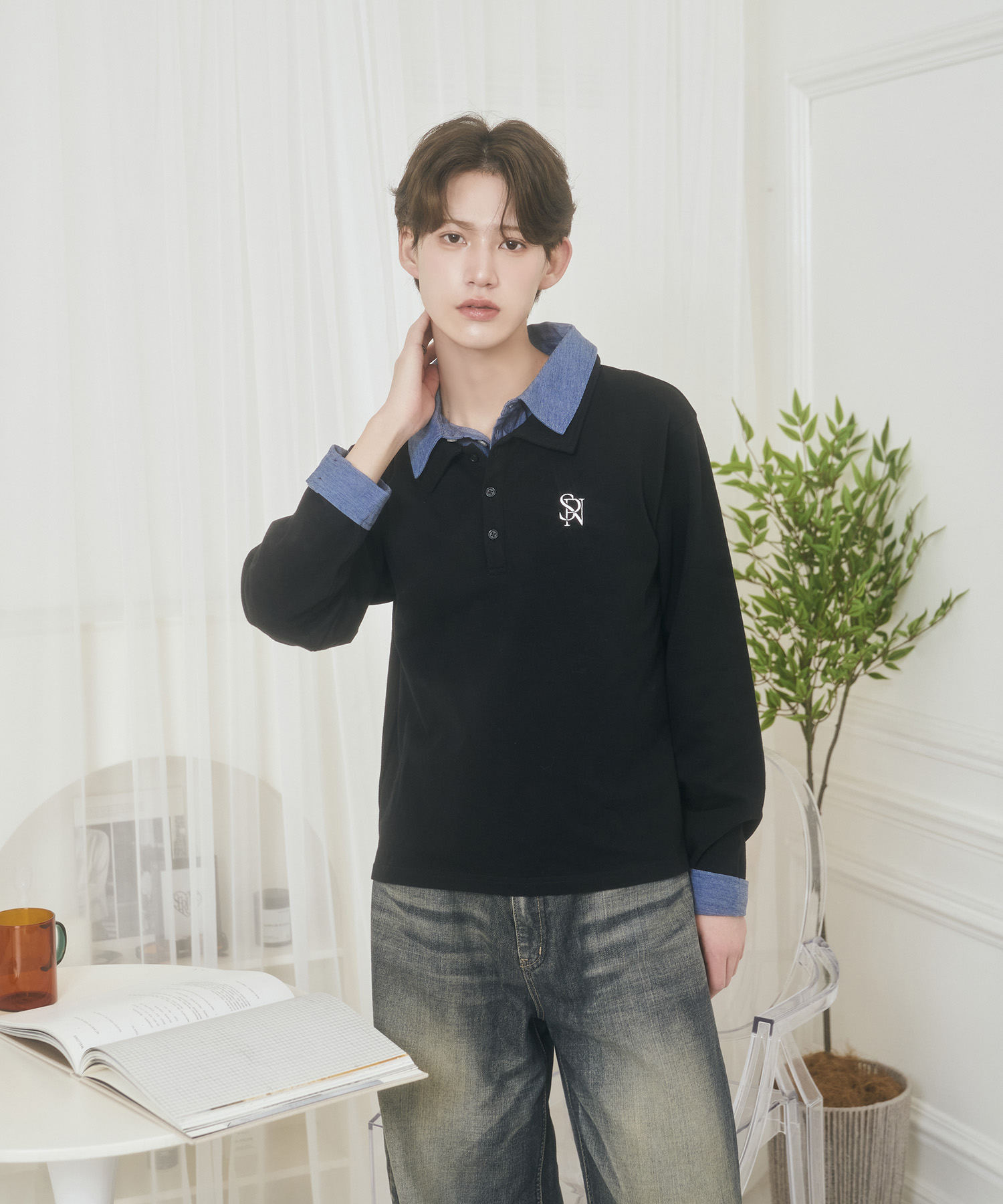 UNISEX Wカラーポロシャツ / ブラック