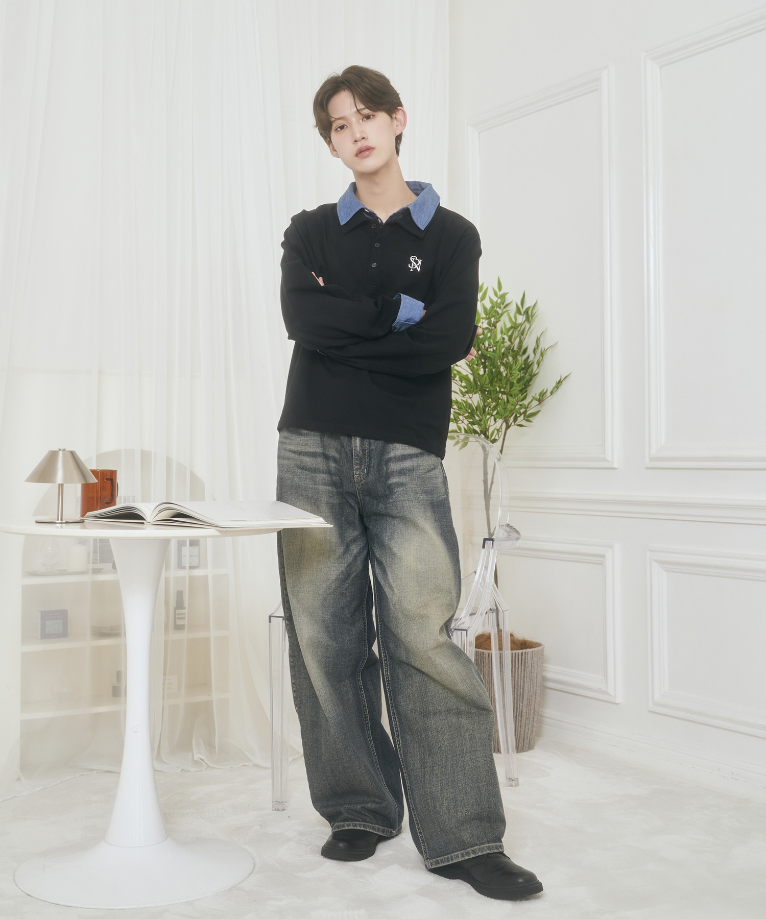 UNISEX Wカラーポロシャツ / ブラック