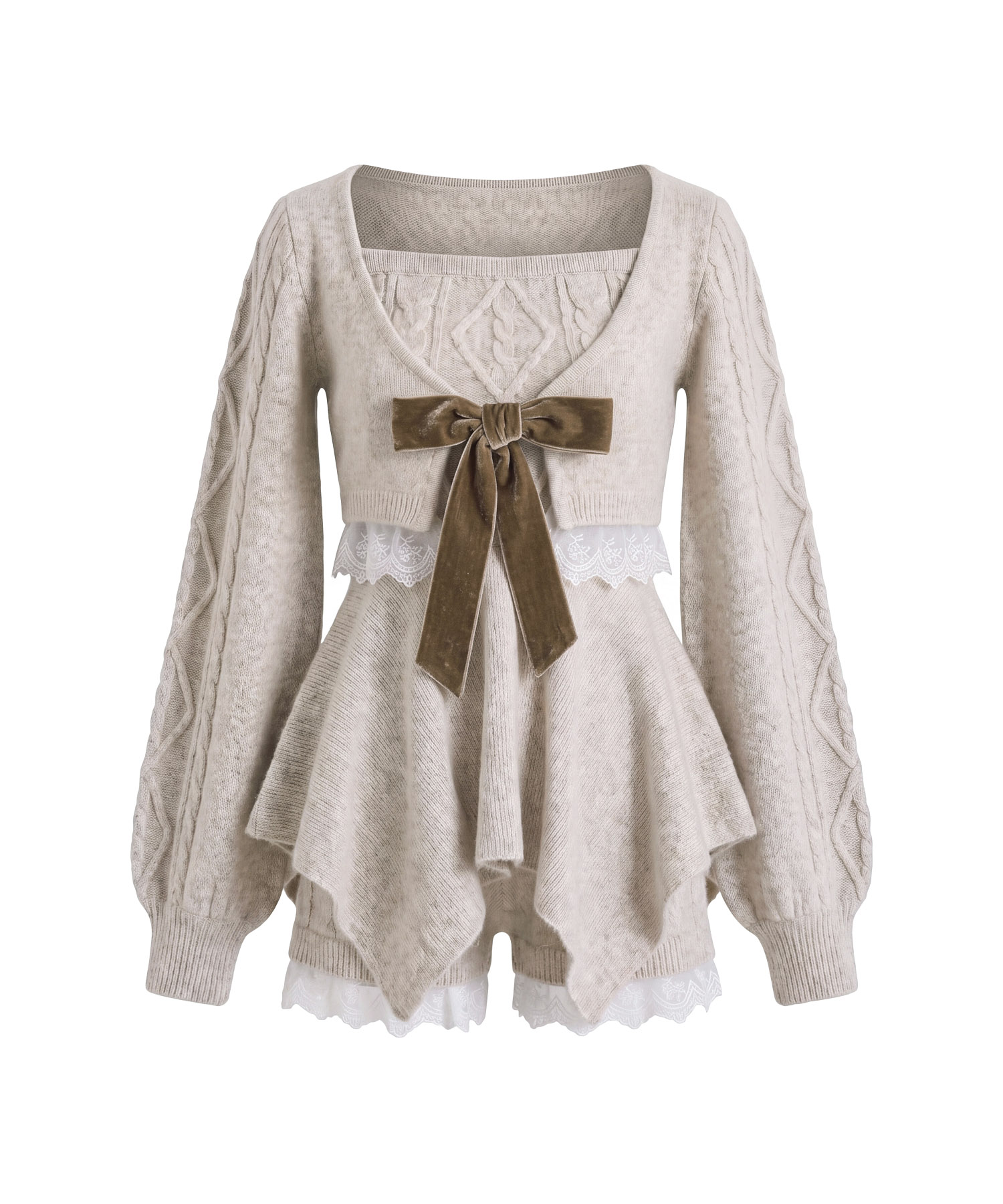 Irregular hem 3P knit set