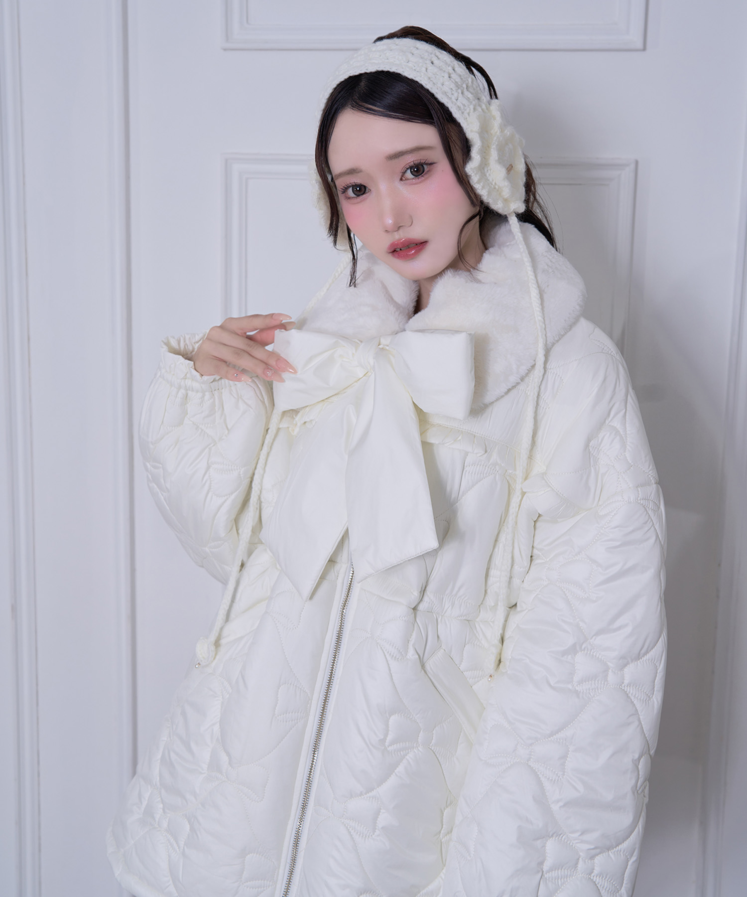 リボンキルティングドロストコート / ホワイト