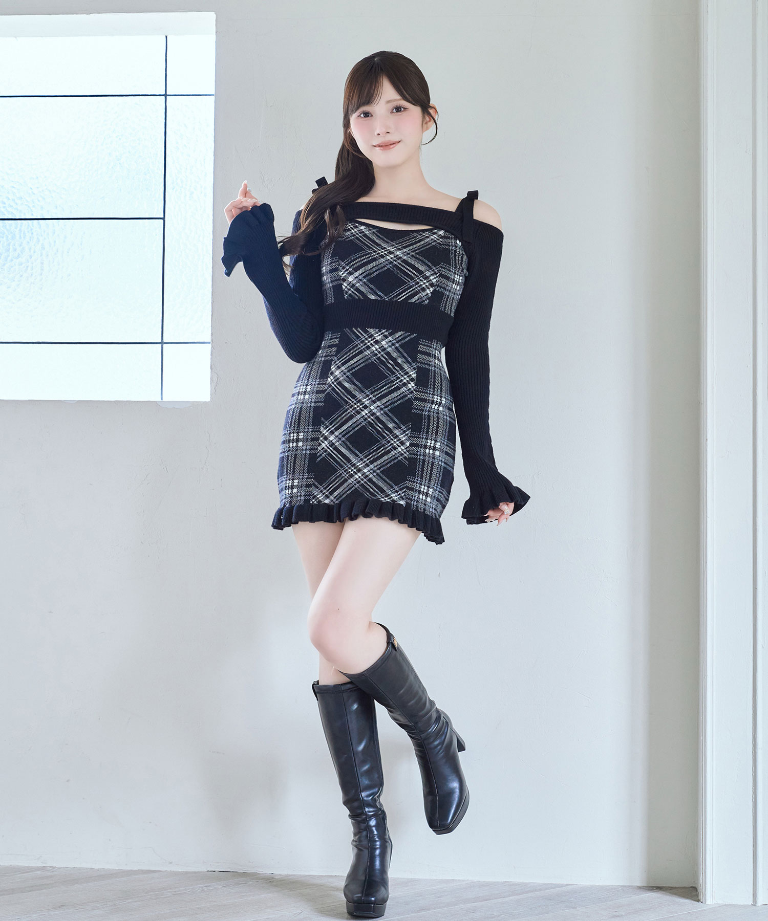 Layered plaid knit o/p