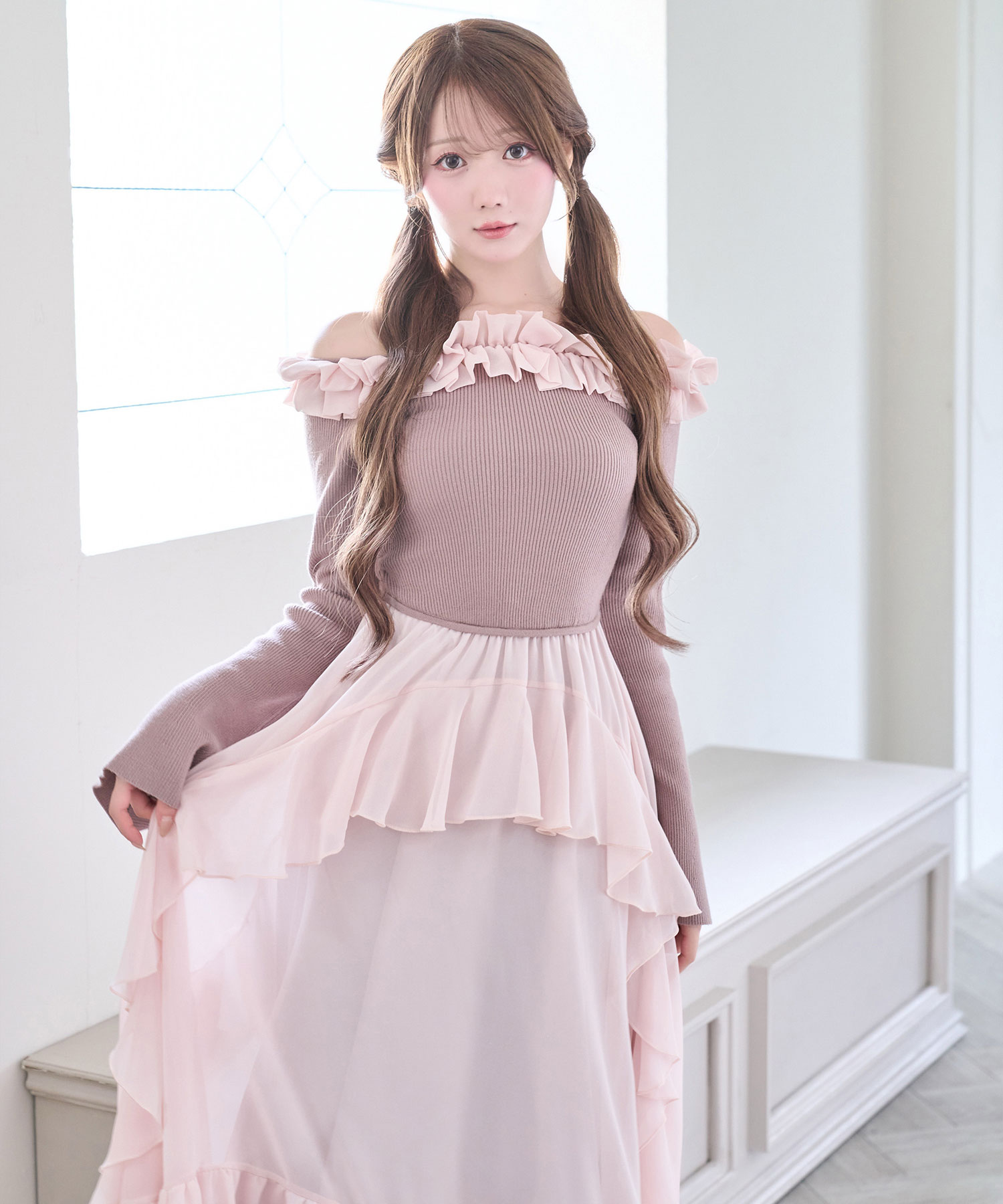 Knit combi chiffon long o/p